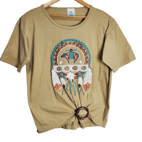 Vintage Western T-Shirt Womens Large Tan 90s Dream Catcher Puff Paint Boho Retro - Picture 1 of 11
